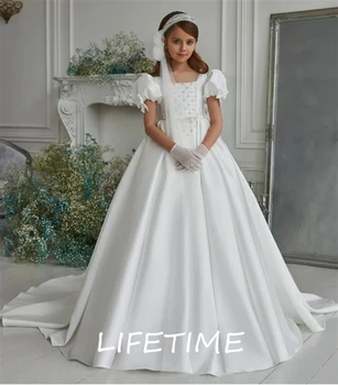 Luksuslik Valge Lilleneiu Kleit Satiin Pits Pulm Printsess Kleit Esimene Õhtusöömaaeg Kleit Pidu