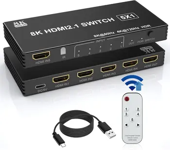 HDMI Switch 8K HDMI 2.1 Splitter Remote 5in1Out HDMI Hub Mitme Sisendid HDMI Multiport Adapteri Port Expander Vahetaja