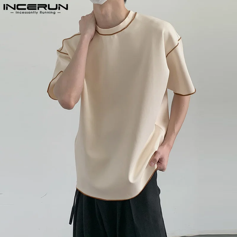 INCERUN Tops 2023 korea Stiilis Meeste Servjätkatud Line Design T-särgid Streetwear Kõik-mängu Mees Seevastu Lühikesed Varrukad Camiseta S-5XL