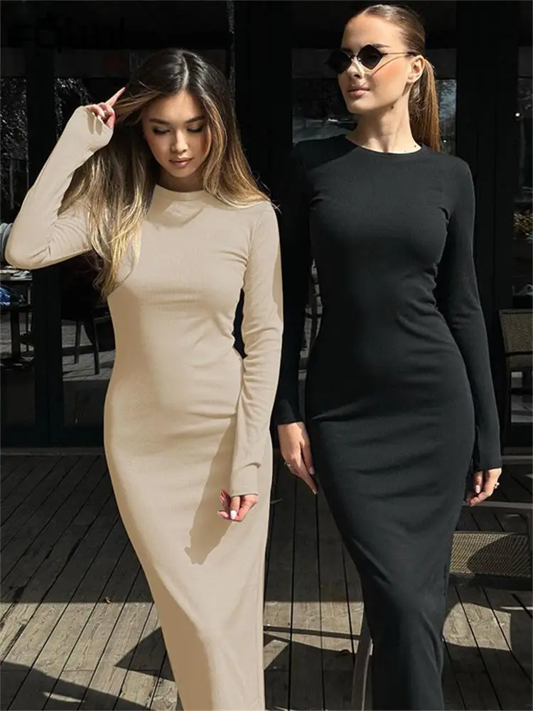 Habbris Kuulu Rosered Bodycon Maxi Kleit Põhjuslik Riided Naistele 2023 Pikad Varrukad O Kaela Basic Pikk Kleit Mood Must Kleit